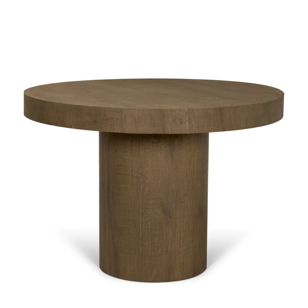 Round Medium Brown Oak Wood Pedestal Dining Table
