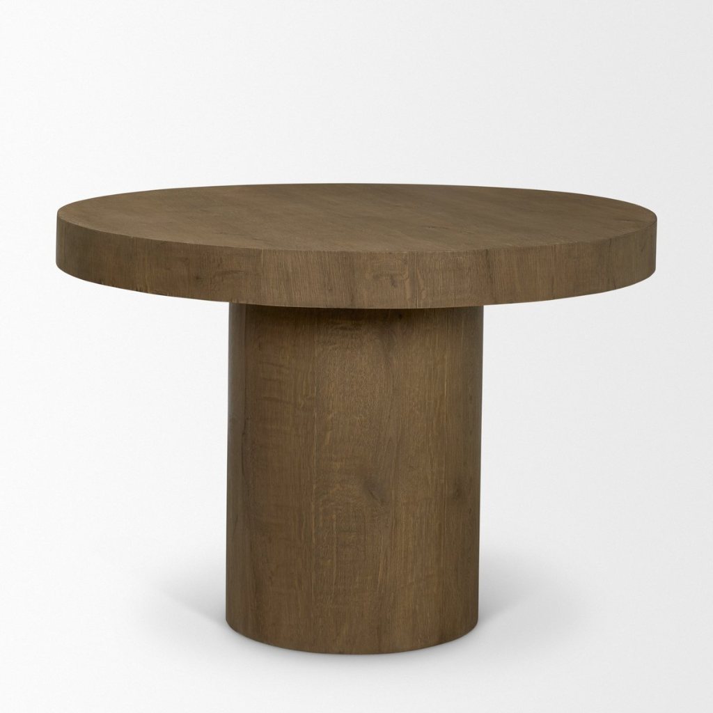 Round Medium Brown Oak Wood Pedestal Dining Table