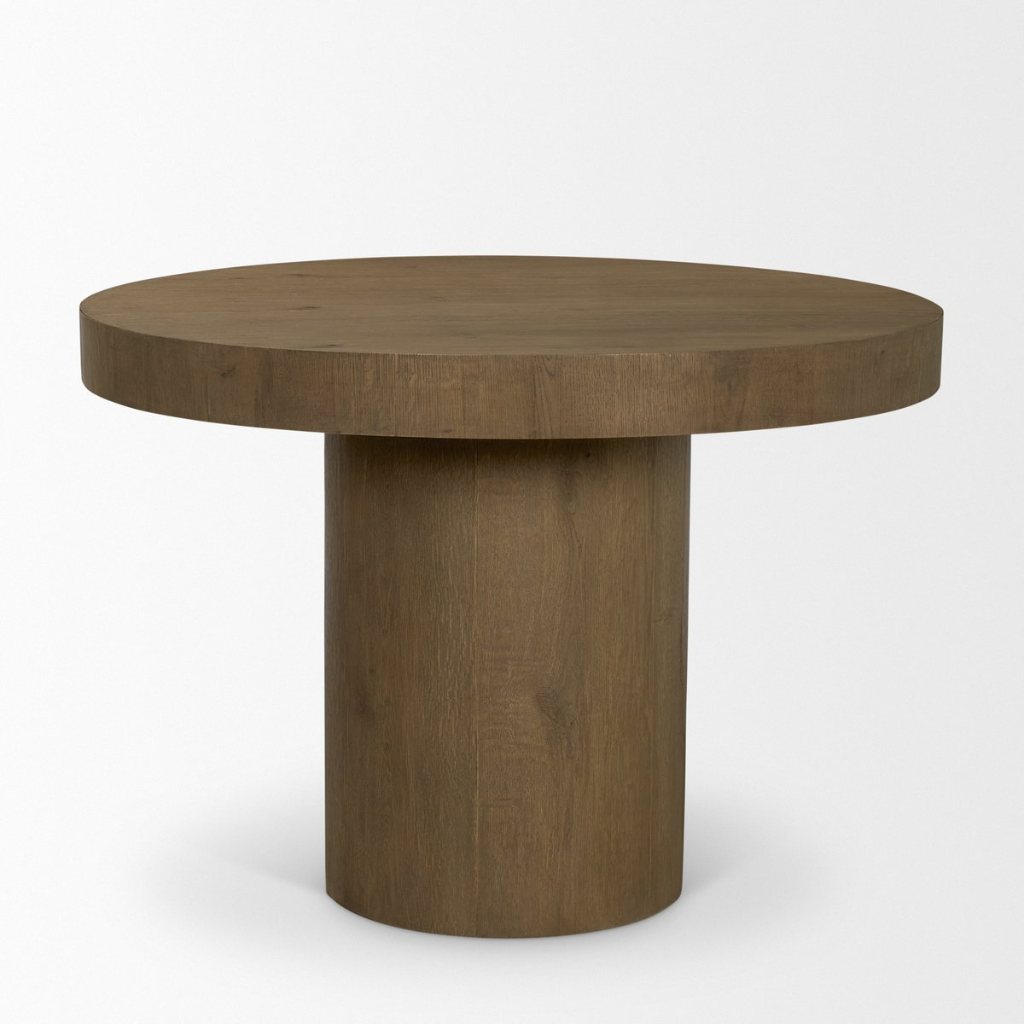 Round Medium Brown Oak Wood Pedestal Dining Table