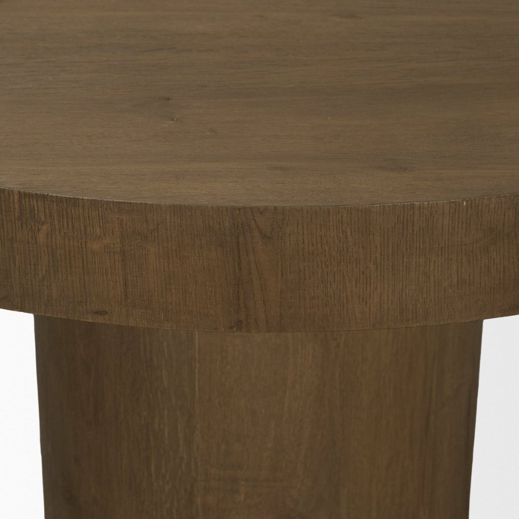 Round Medium Brown Oak Wood Pedestal Dining Table