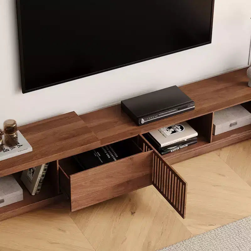 78.54in expandable stand with 2 drawers, 2 cabinet doors, one storage, maximum 120 inches/Walnut color&Modern