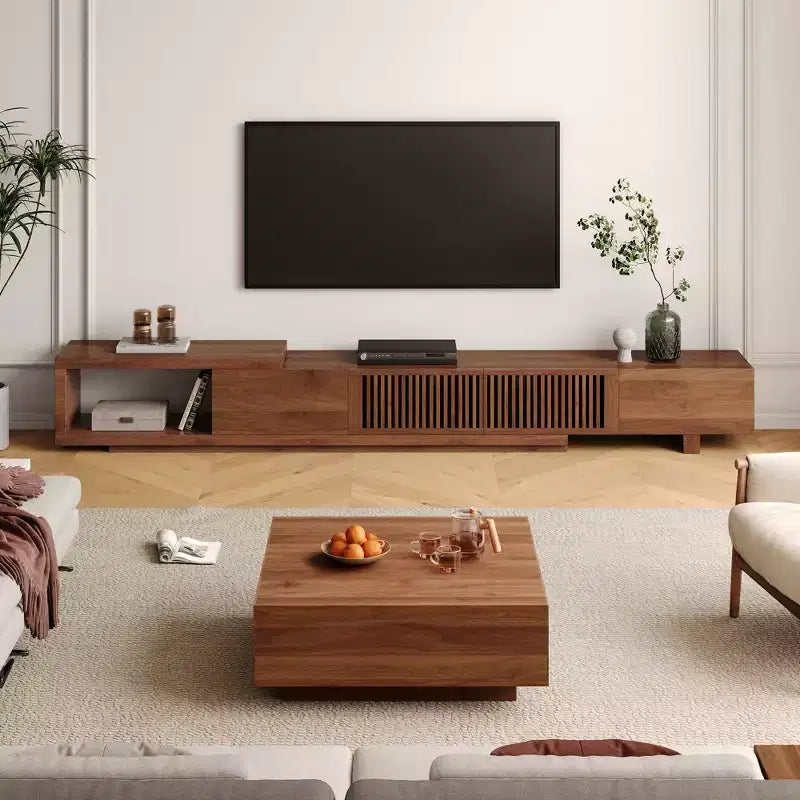 78.54in expandable stand with 2 drawers, 2 cabinet doors, one storage, maximum 120 inches/Walnut color&Modern