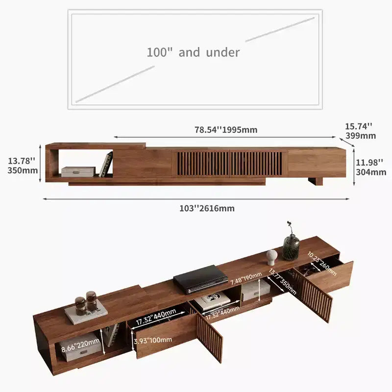78.54in expandable stand with 2 drawers, 2 cabinet doors, one storage, maximum 120 inches/Walnut color&Modern
