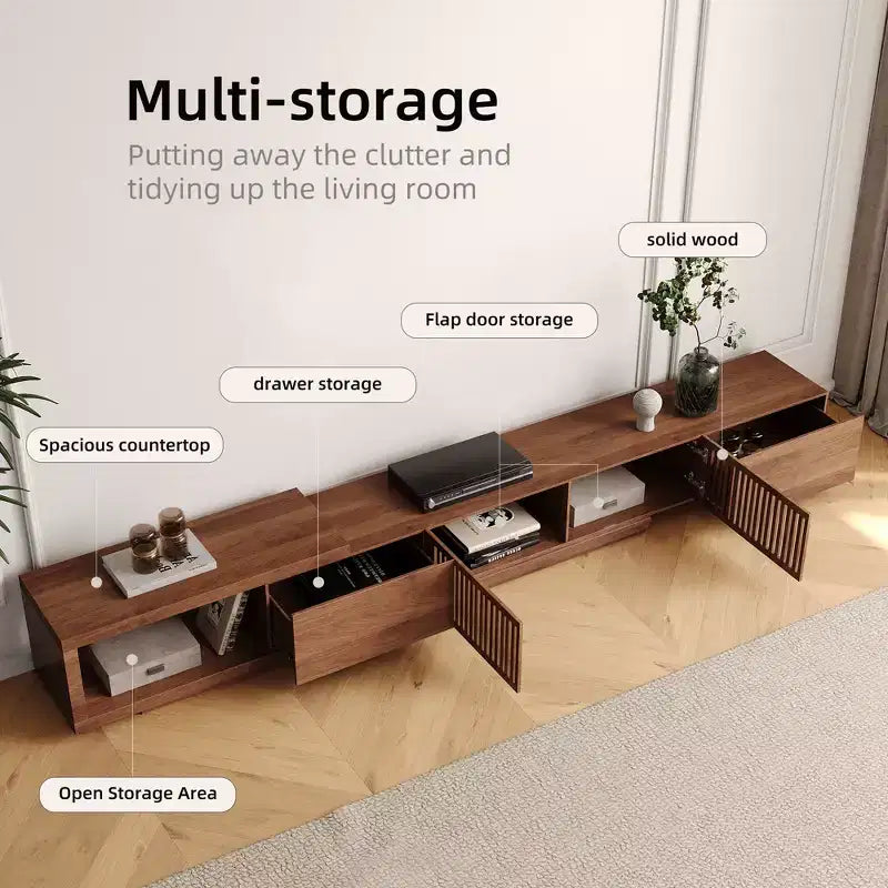 78.54in expandable stand with 2 drawers, 2 cabinet doors, one storage, maximum 120 inches/Walnut color&Modern