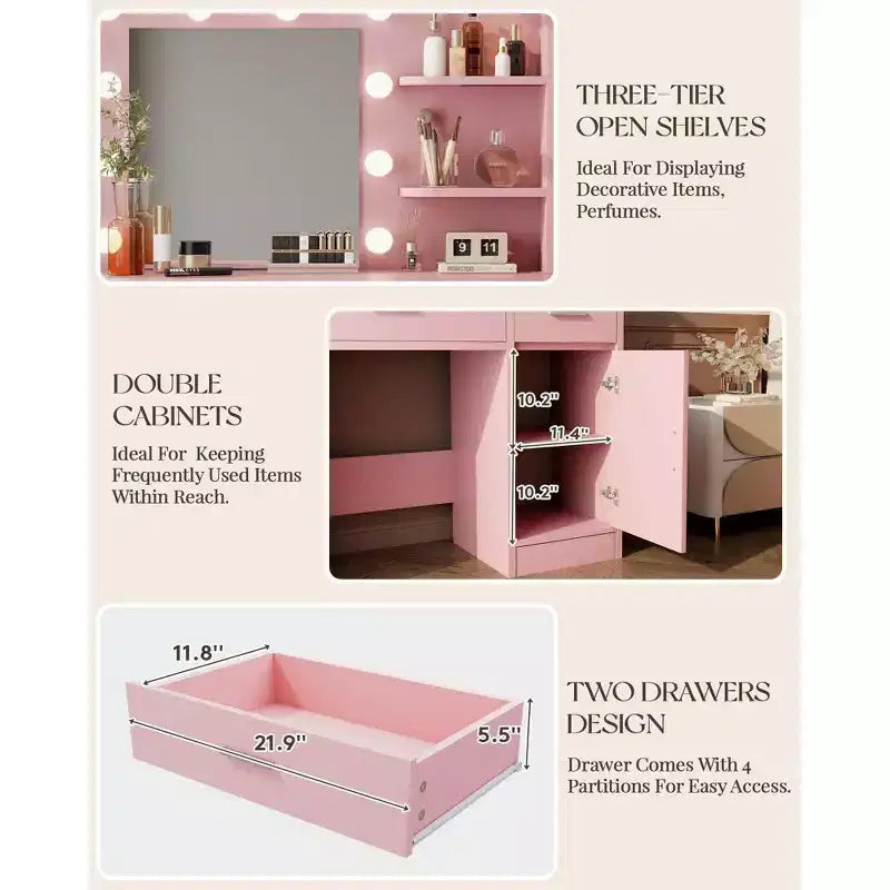 Vanity Desk with Mirror, Outlet and 10 Lights, Makeup Table with 3 Drawers,3 for Bedroom
