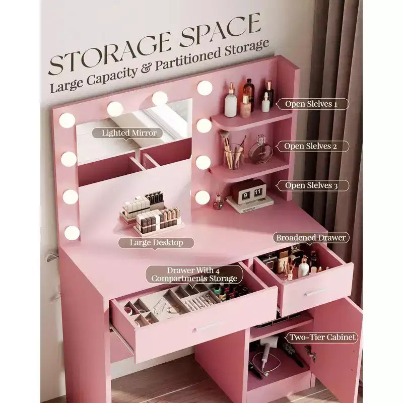 Vanity Desk with Mirror, Outlet and 10 Lights, Makeup Table with 3 Drawers,3 for Bedroom
