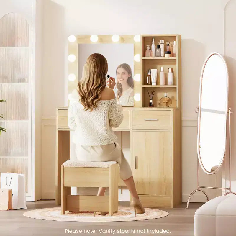 Vanity Desk with Mirror, Outlet and 10 Lights, Makeup Table with 3 Drawers,3 for Bedroom