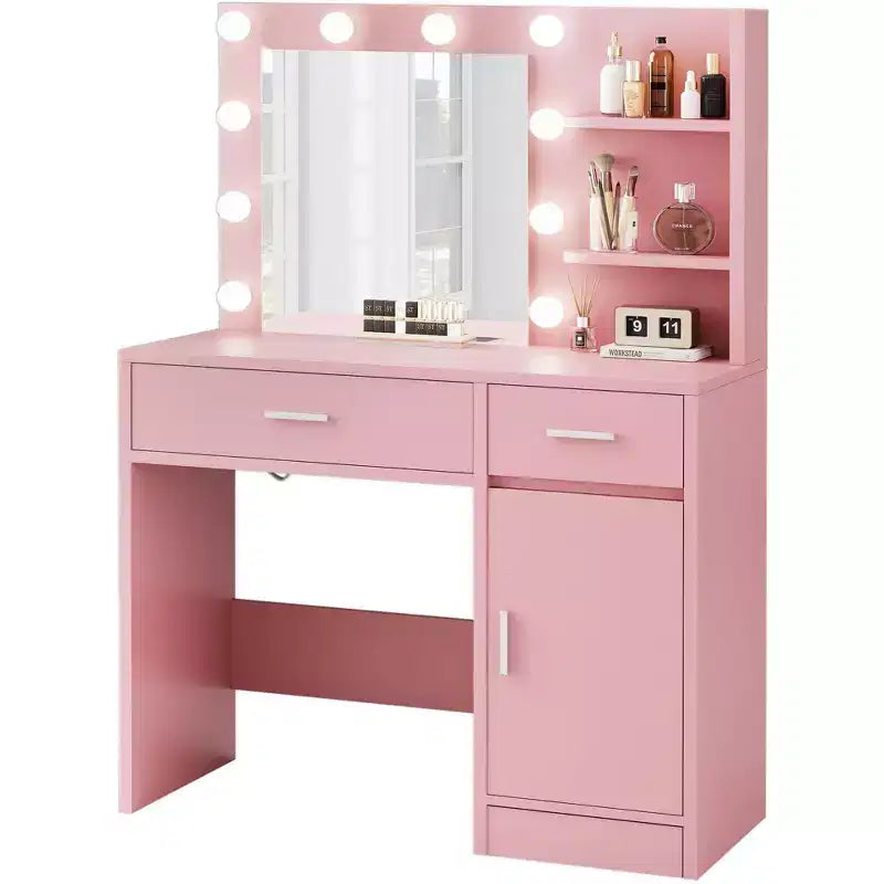 Vanity Desk with Mirror, Outlet and 10 Lights, Makeup Table with 3 Drawers,3 for Bedroom