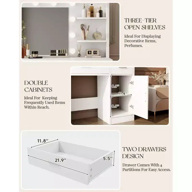Vanity Desk with Mirror, Outlet and 10 Lights, Makeup Table with 3 Drawers,3 for Bedroom
