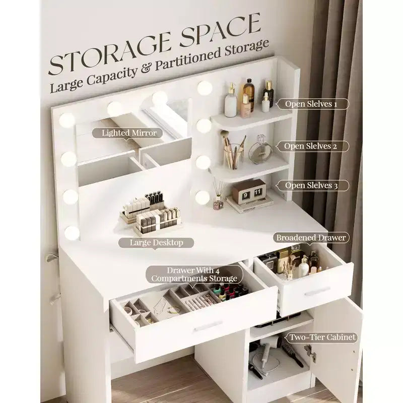 Vanity Desk with Mirror, Outlet and 10 Lights, Makeup Table with 3 Drawers,3 for Bedroom