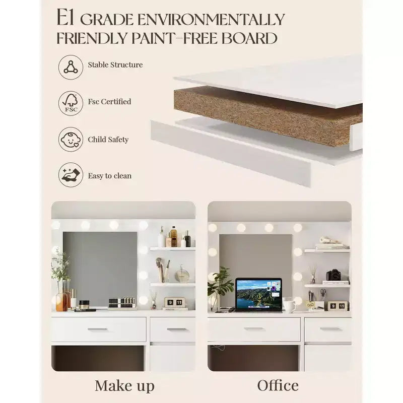 Vanity Desk with Mirror, Outlet and 10 Lights, Makeup Table with 3 Drawers,3 for Bedroom