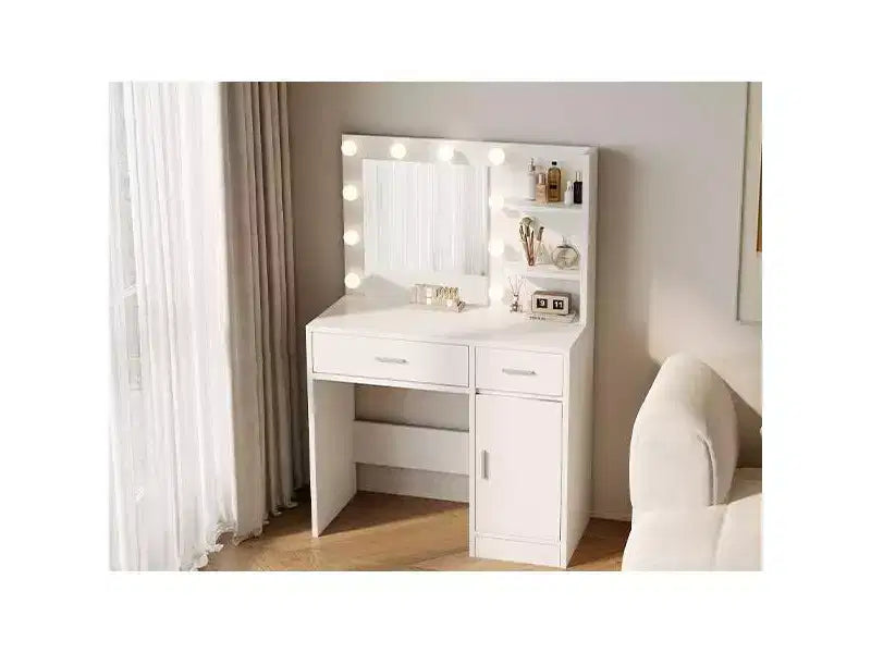 Vanity Desk with Mirror, Outlet and 10 Lights, Makeup Table with 3 Drawers,3 for Bedroom