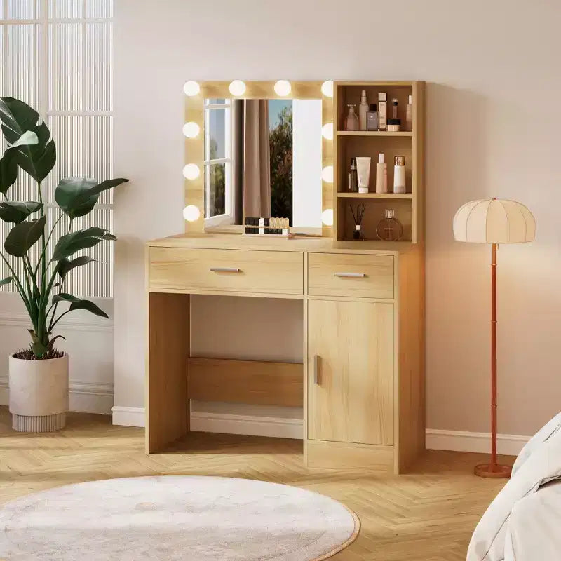 Vanity Desk with Mirror, Outlet and 10 Lights, Makeup Table with 3 Drawers,3 for Bedroom