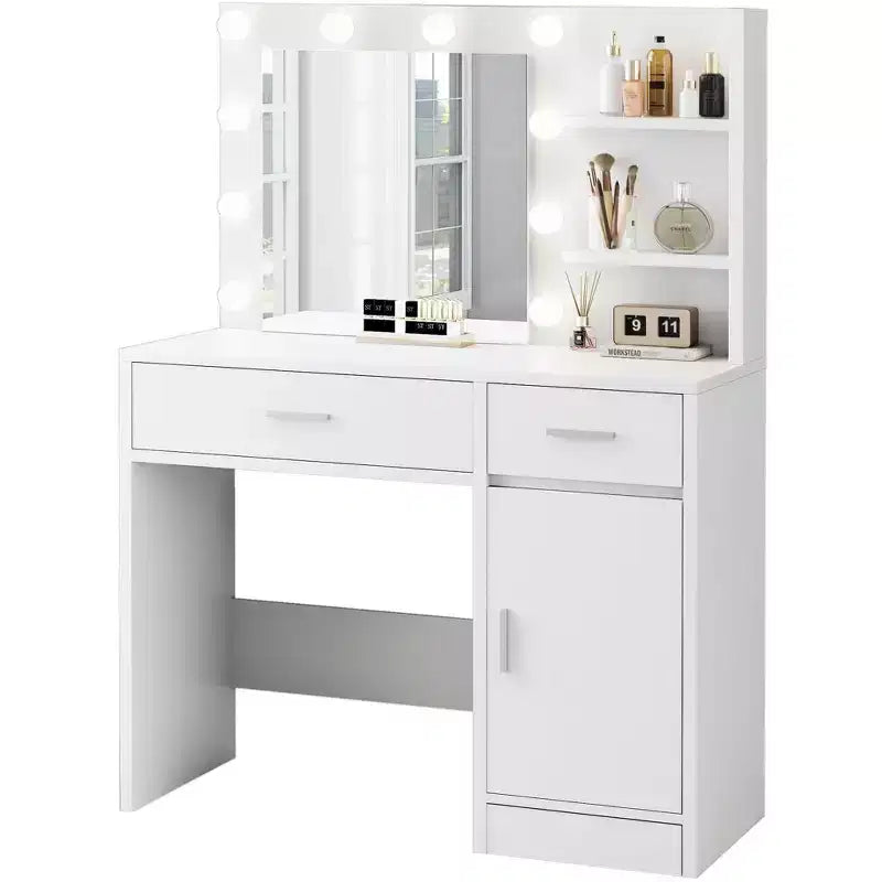 Vanity Desk with Mirror, Outlet and 10 Lights, Makeup Table with 3 Drawers,3 for Bedroom