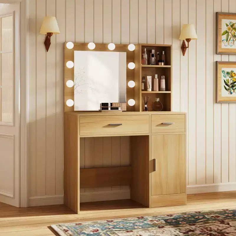 Vanity Desk with Mirror, Outlet and 10 Lights, Makeup Table with 3 Drawers,3 for Bedroom