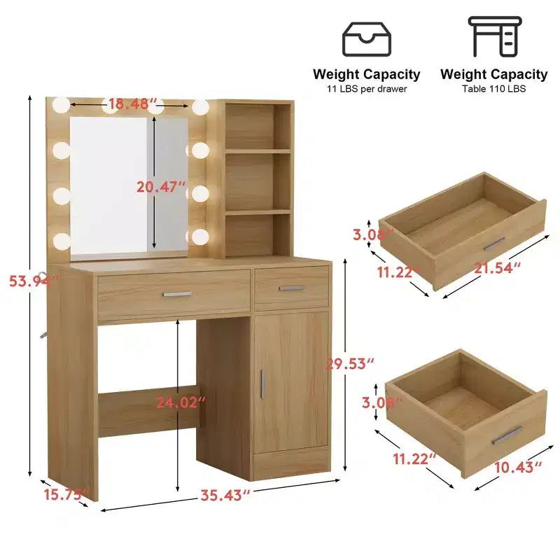 Vanity Desk with Mirror, Outlet and 10 Lights, Makeup Table with 3 Drawers,3 for Bedroom