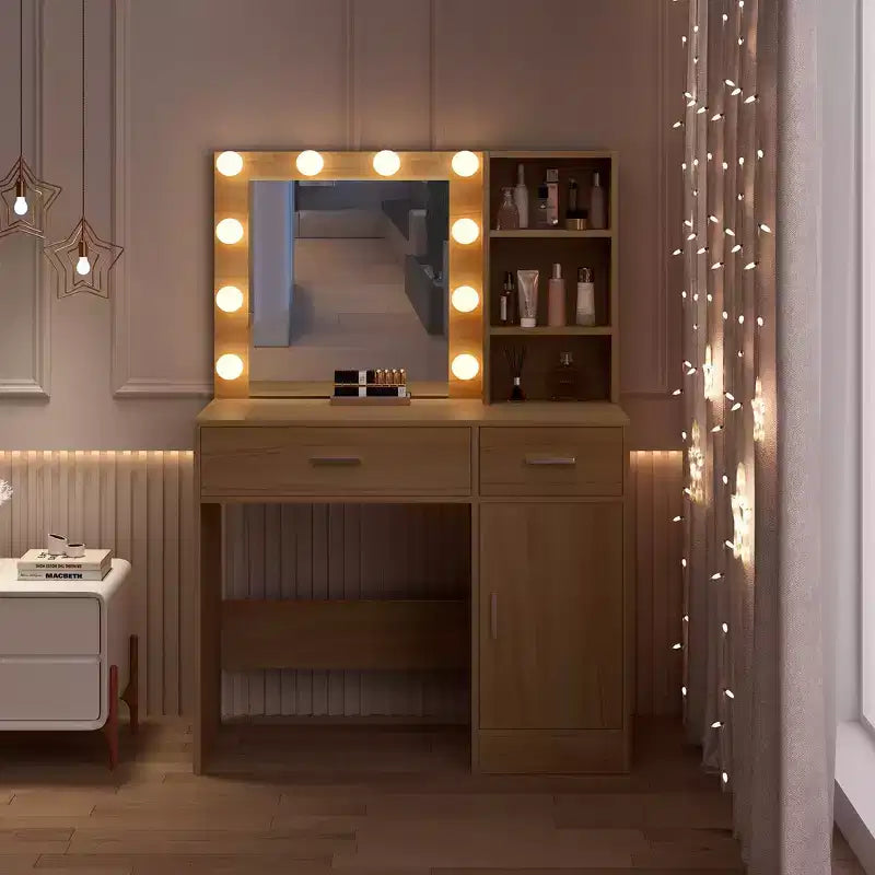 Vanity Desk with Mirror, Outlet and 10 Lights, Makeup Table with 3 Drawers,3 for Bedroom