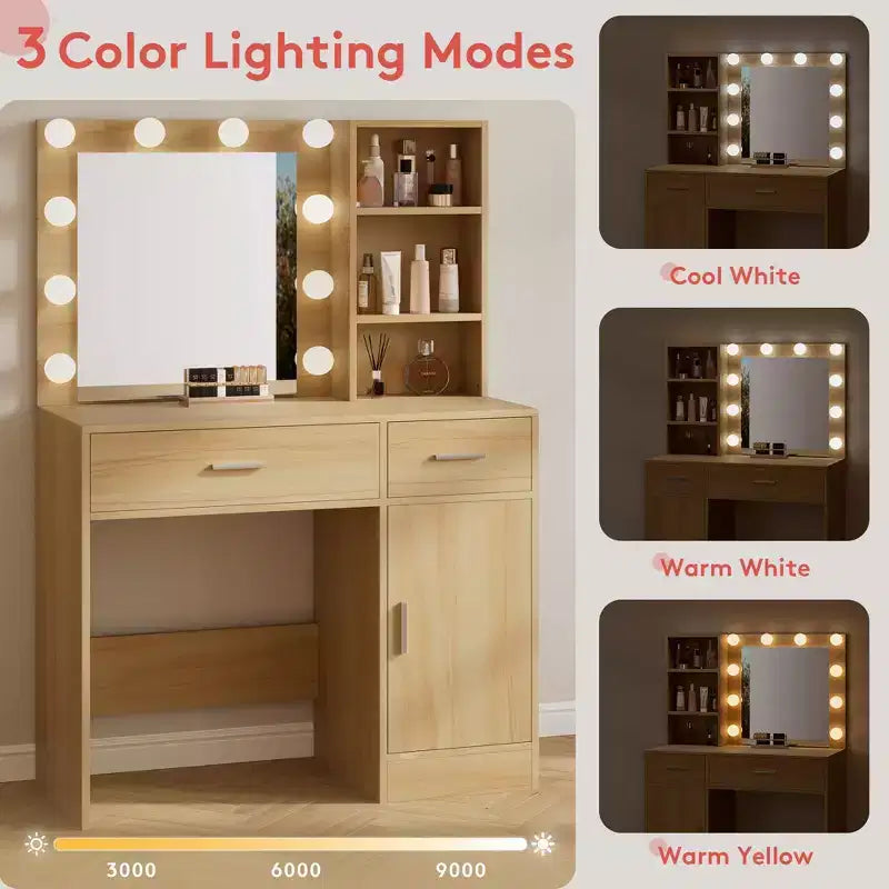 Vanity Desk with Mirror, Outlet and 10 Lights, Makeup Table with 3 Drawers,3 for Bedroom