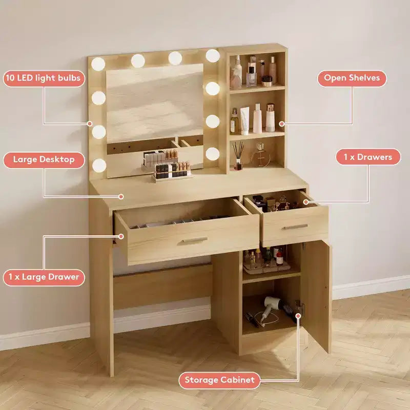 Vanity Desk with Mirror, Outlet and 10 Lights, Makeup Table with 3 Drawers,3 for Bedroom