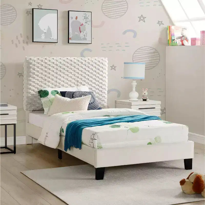 3D Upholstered Bed in White