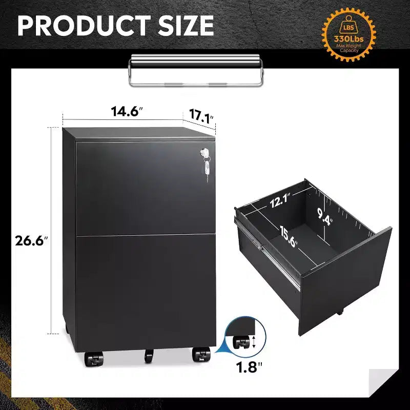 2-Drawer Cabinet with Lock, Commercial Vertical Cabinet for Home Desk Storage