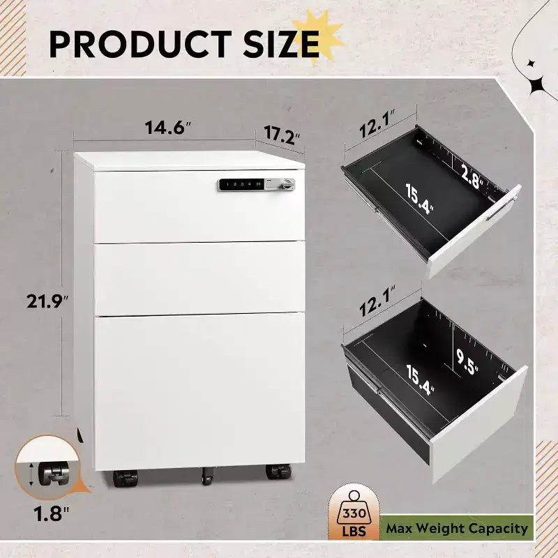 3-Drawer Cabinet with Smart Lock, Pre-Assembled Steel Desk
