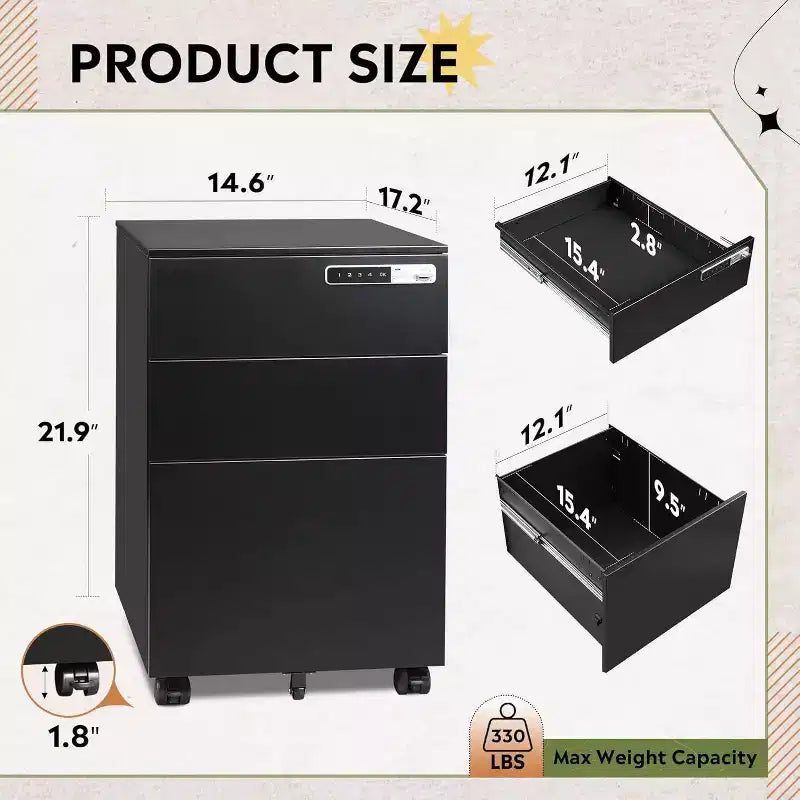 3-Drawer Cabinet with Smart Lock, Pre-Assembled Steel Desk