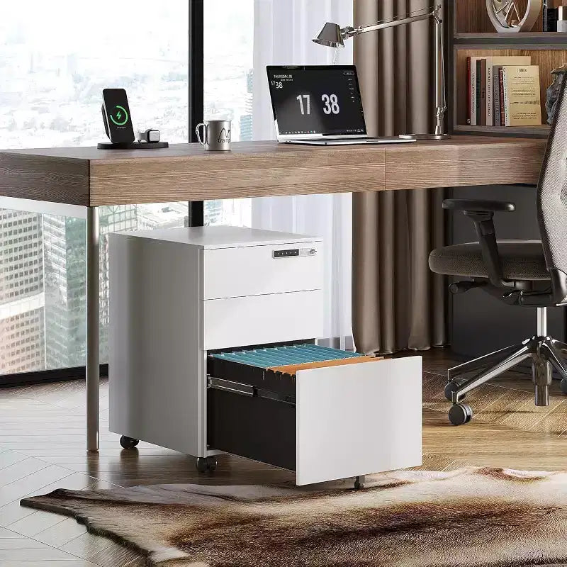3-Drawer Cabinet with Smart Lock, Pre-Assembled Steel Desk