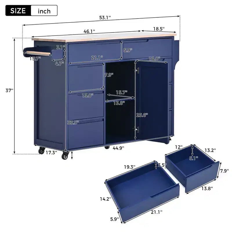 Modern Kitchen Island with 8 Drawers and 5 Wheels