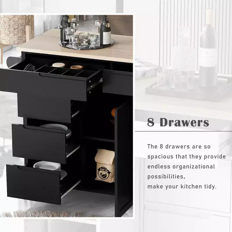 Modern Kitchen Island with 8 Drawers and 5 Wheels