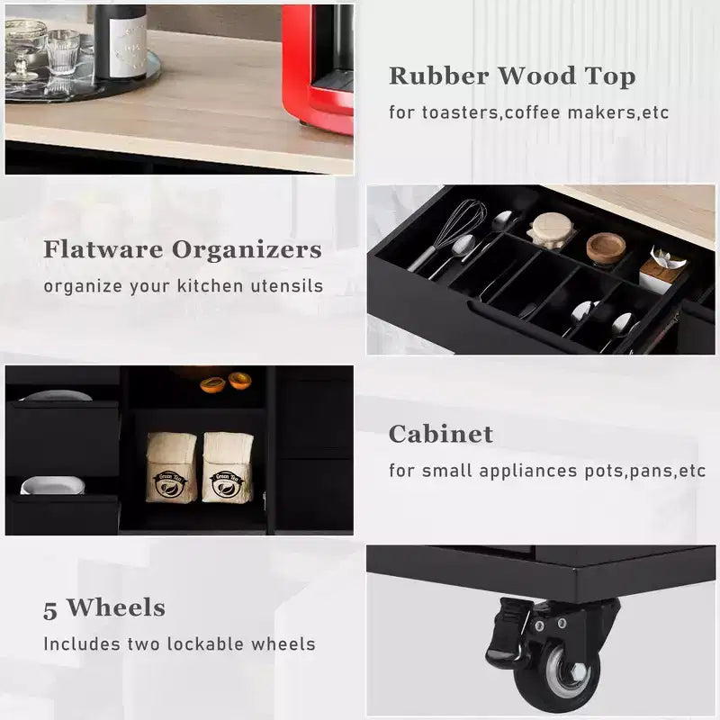 Modern Kitchen Island with 8 Drawers and 5 Wheels