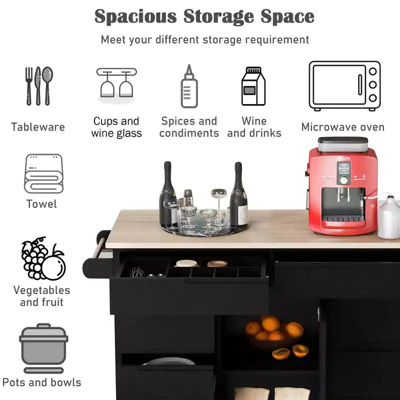Modern Kitchen Island with 8 Drawers and 5 Wheels