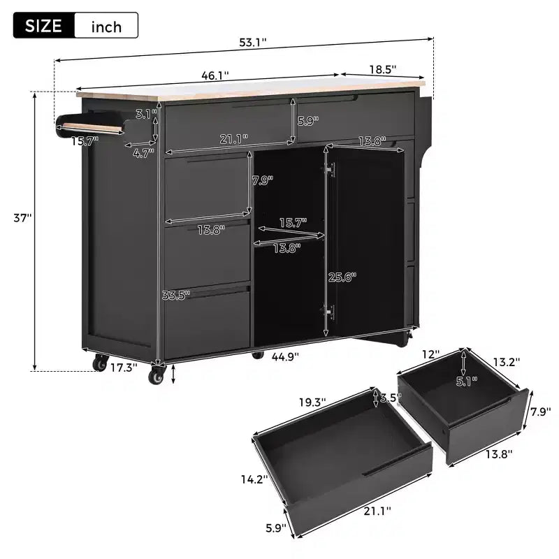 Modern Kitchen Island with 8 Drawers and 5 Wheels