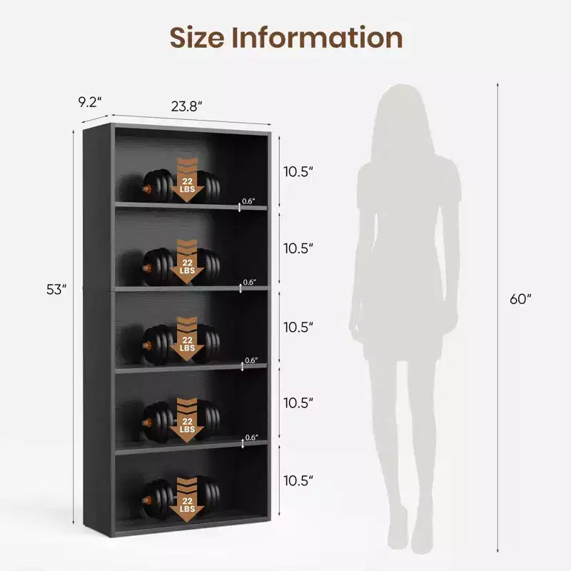 5 Shelf Bookcase - Large 53 Inch Tall Floor Standing Bookshelf