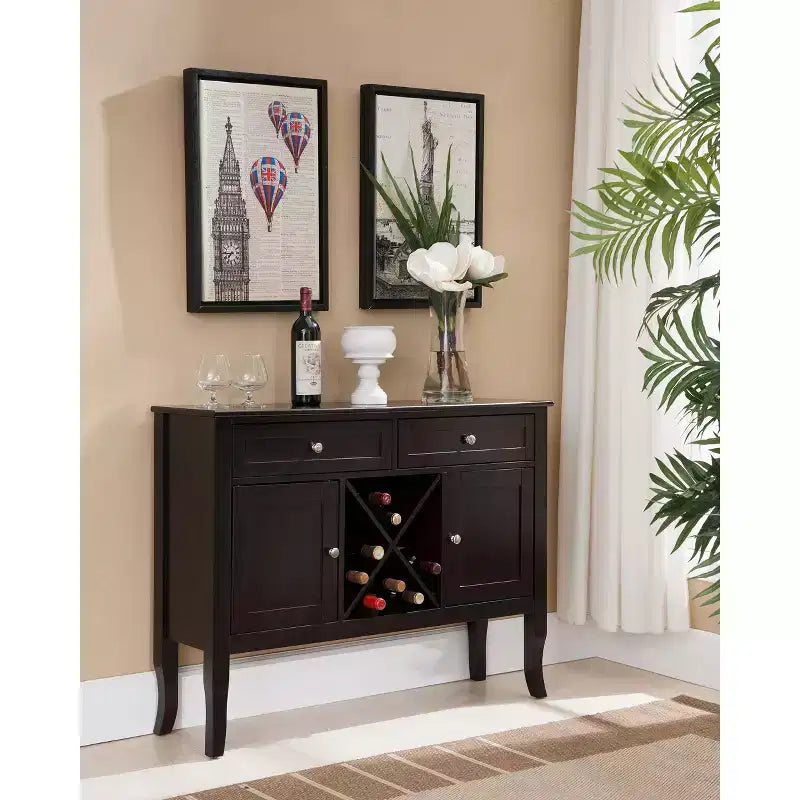 Kings Brand Furniture Morovis Dark Cherry Wood Buffet Console Wine Storage Cabinet that Holds 12 Bottles, Dark Cherry
