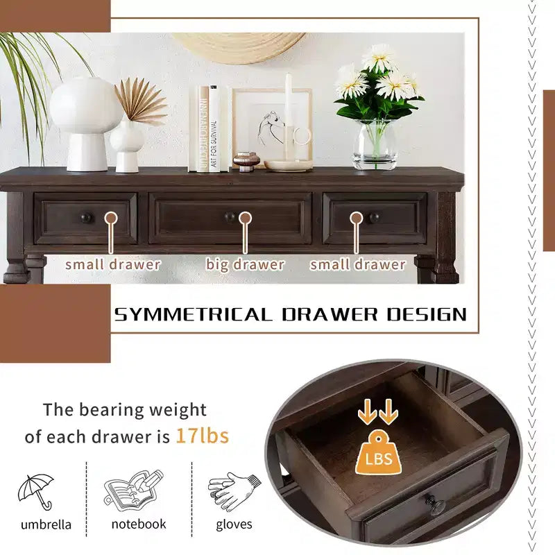 Classic Retro Console Table with 3-Top Drawers and Shelf