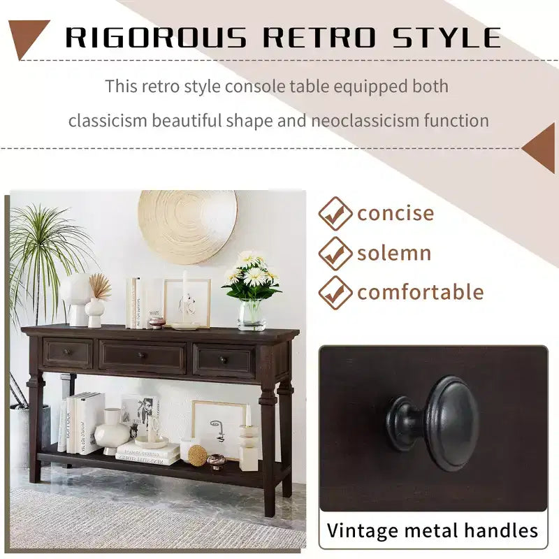 Classic Retro Console Table with 3-Top Drawers and Shelf