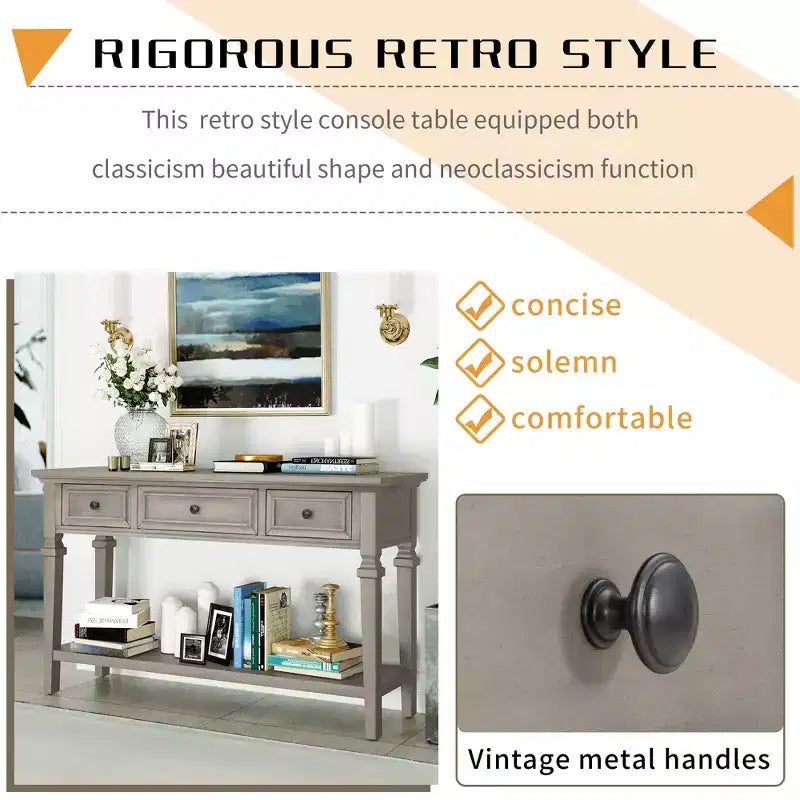 Classic Retro Console Table with 3-Top Drawers and Shelf