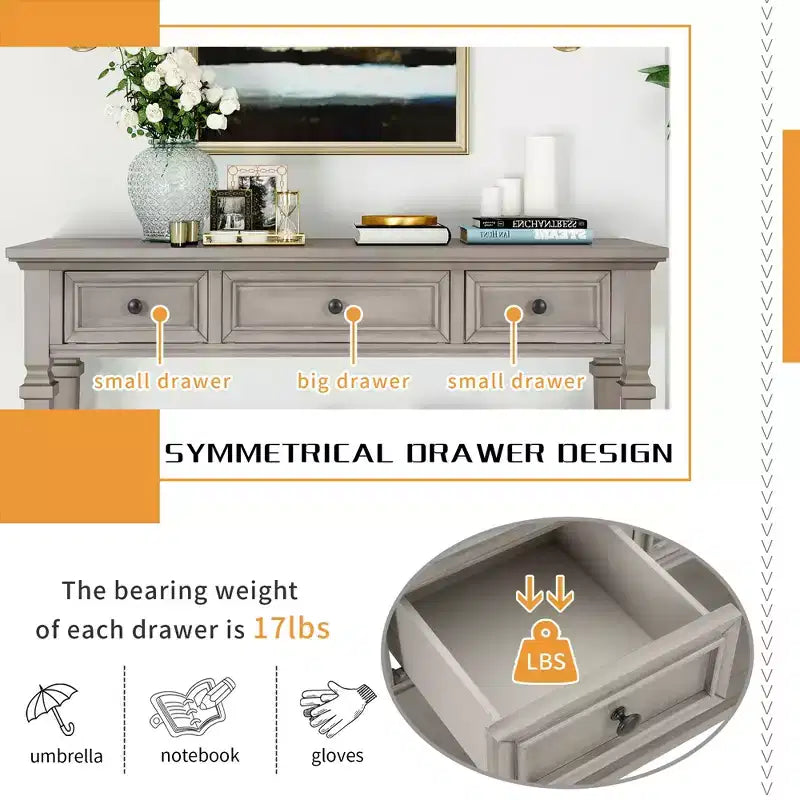 Classic Retro Console Table with 3-Top Drawers and Shelf