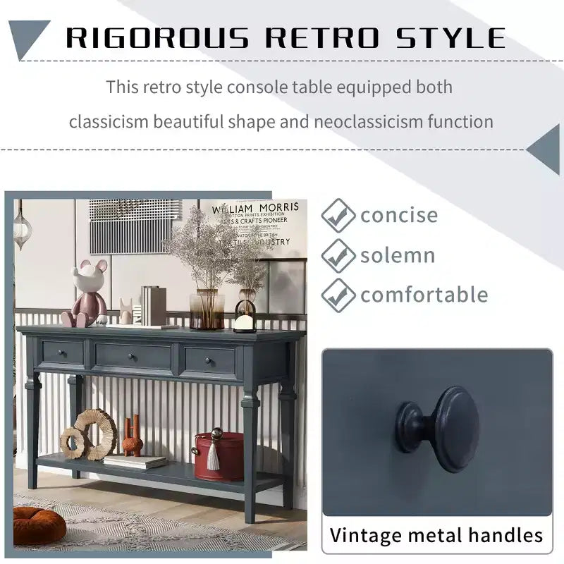 Classic Retro Console Table with 3-Top Drawers and Shelf