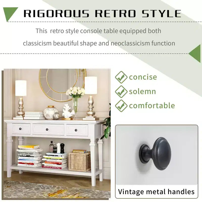 Classic Retro Console Table with 3-Top Drawers and Shelf