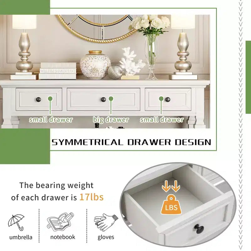 Classic Retro Console Table with 3-Top Drawers and Shelf
