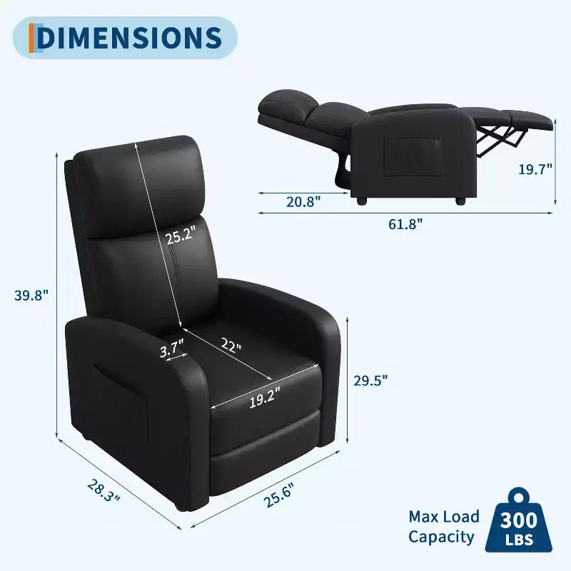 Recliner Chair, Leather Recliner Adjustable Single Sofa with Side Pocket, Tall Back, Wide Arms & Padded for Living Room