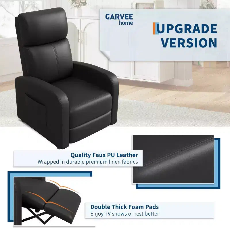 Recliner Chair, Leather Recliner Adjustable Single Sofa with Side Pocket, Tall Back, Wide Arms & Padded for Living Room