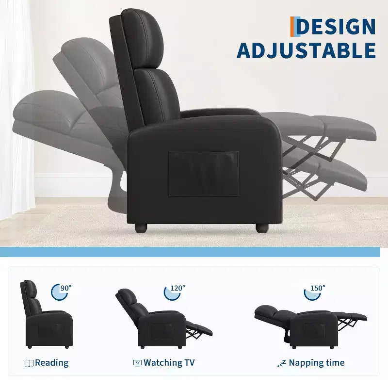 Recliner Chair, Leather Recliner Adjustable Single Sofa with Side Pocket, Tall Back, Wide Arms & Padded for Living Room