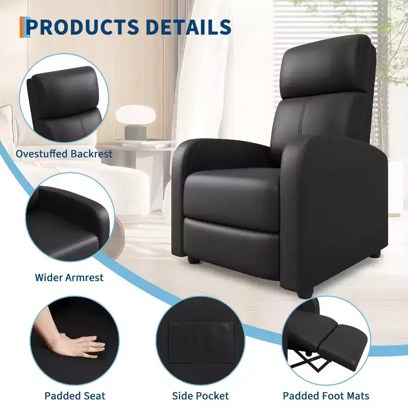 Recliner Chair, Leather Recliner Adjustable Single Sofa with Side Pocket, Tall Back, Wide Arms & Padded for Living Room
