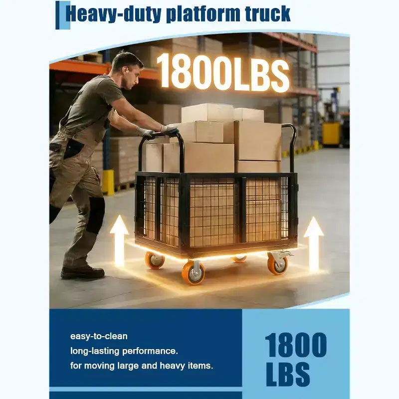 6-in-1 Truck Cart with Cage, Foldable Hand Truck Load 1800 with 4 Push Cart for Grocery, Laundry, Garage, Warehouse