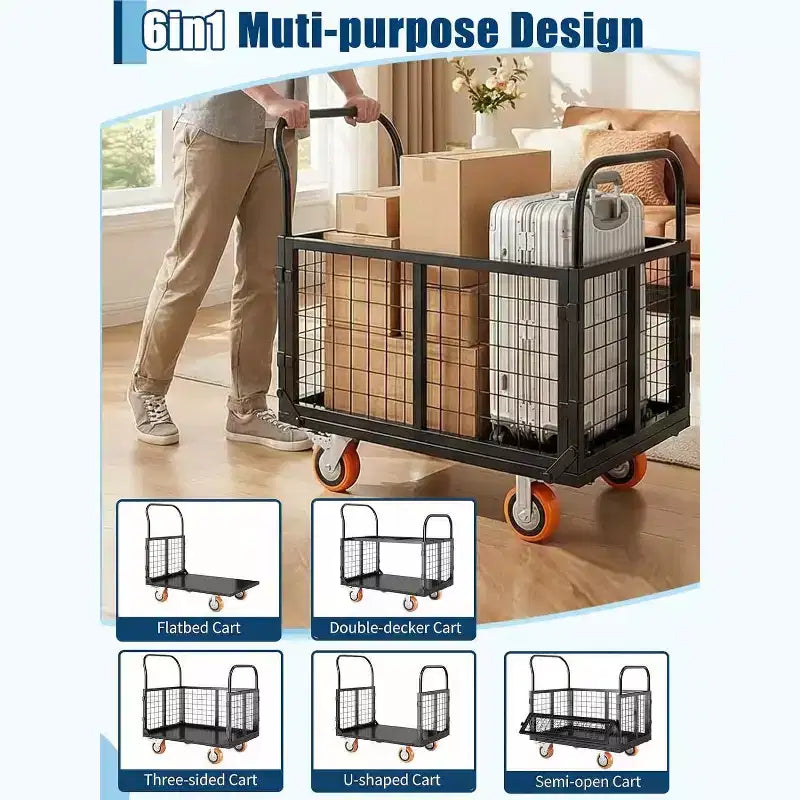 6-in-1 Truck Cart with Cage, Foldable Hand Truck Load 1800 with 4 Push Cart for Grocery, Laundry, Garage, Warehouse