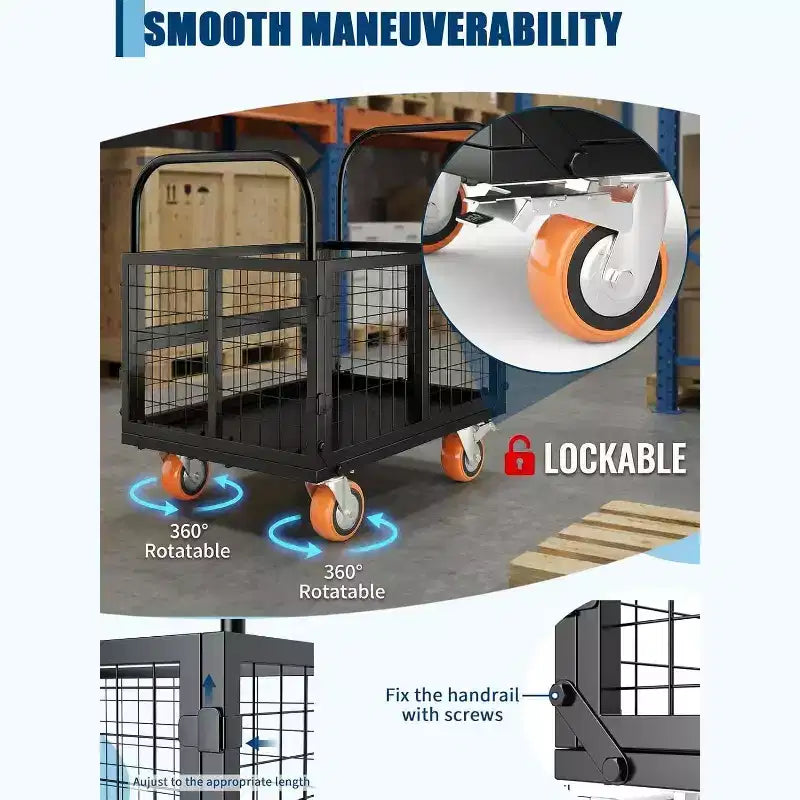 6-in-1 Truck Cart with Cage, Foldable Hand Truck Load 1800 with 4 Push Cart for Grocery, Laundry, Garage, Warehouse