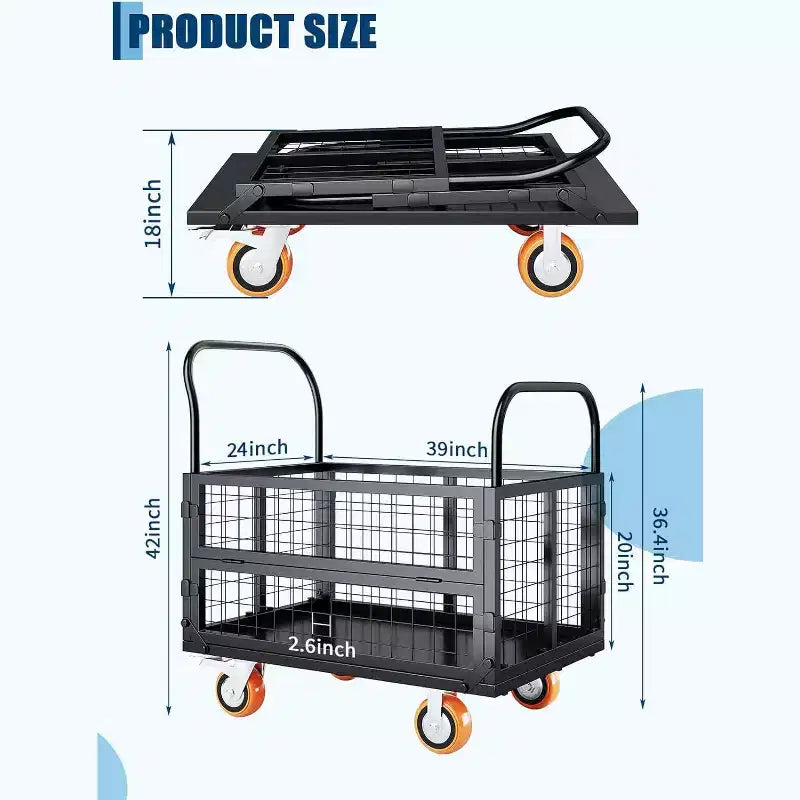 6-in-1 Truck Cart with Cage, Foldable Hand Truck Load 1800 with 4 Push Cart for Grocery, Laundry, Garage, Warehouse